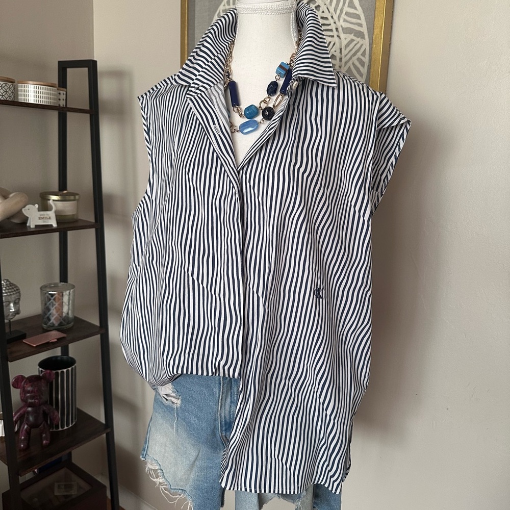 Calvin Klein Blue and White Striped Button Down Shirt